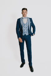 Abito blu con Reverse  e gilet damascato celeste